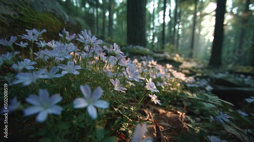   A forest with many trees contains a bunch of flowers growing on the ground in the grass