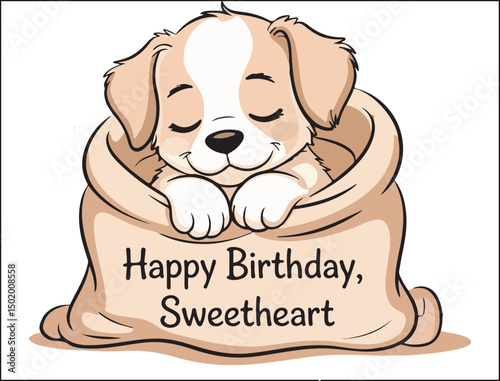 Adorable Puppy Sleeping in a Gift Bag Happy Birthday Sweetheart