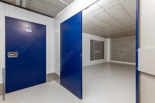 Modern self-storage facility corridor with blue doors