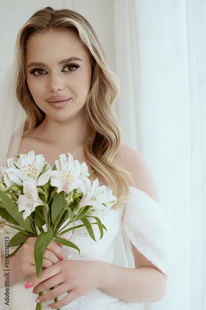 The bride is holding a bouquet in her hands. Elegant white wedding bouquet. Bride holding a bouquet of calla lilies