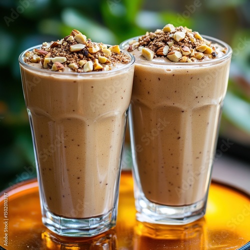  Two glasses of dessert placed on a yellow plate with a green leafy background