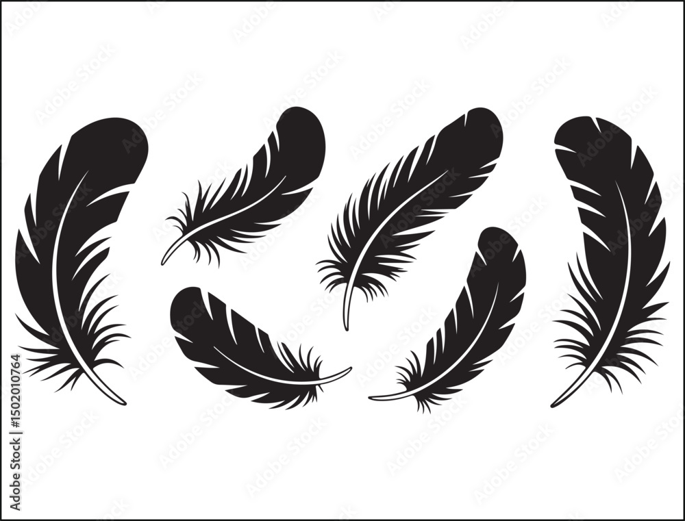 Obraz premium Six Black Feather Silhouettes on White Background