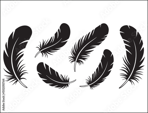 Six Black Feather Silhouettes on White Background