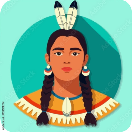 Native American man portrait with traditional attire and feather headdress against a colorful background
