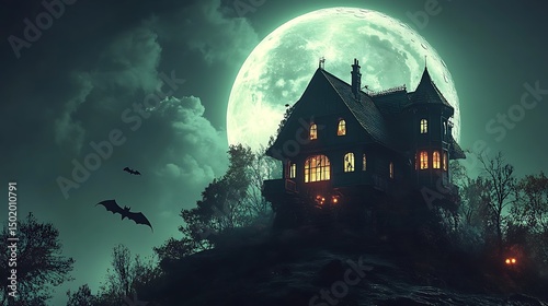 Luminous old house under a full moon at night.