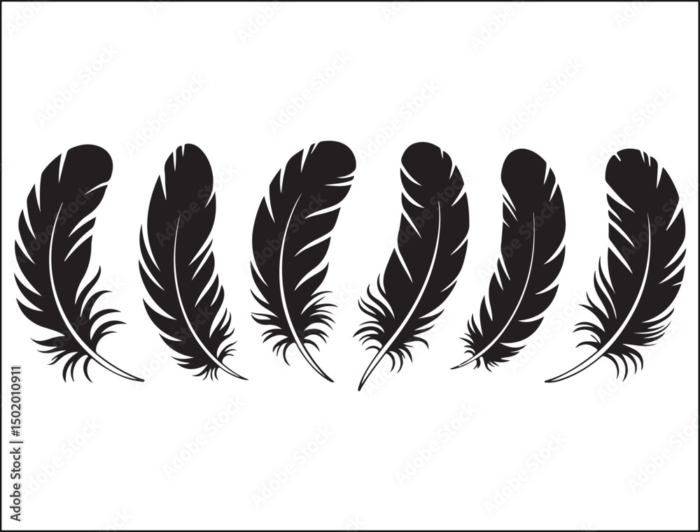 Obraz premium Six Black Feather Silhouettes on White Background