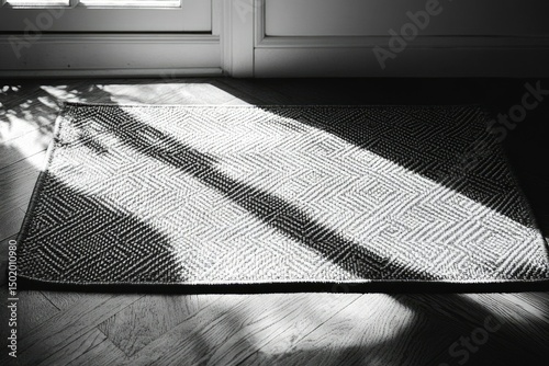 A geometric patterned rug lies on a wooden floor, illuminated by light streaming in through the doorway. photo