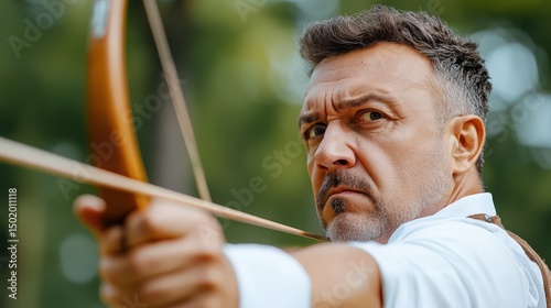 Focused Archer Man Aiming Bow and Arrow in Nature