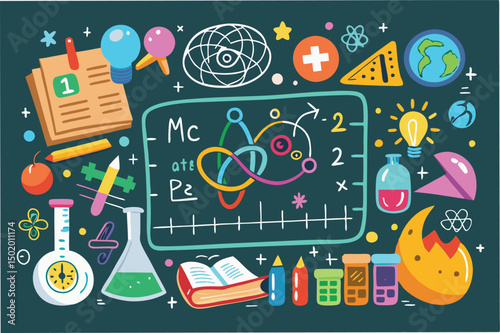 Creative vector illustration of science elements featuring formulas, laboratory equipment, and symbols representing various scientific disciplines and discoveries
