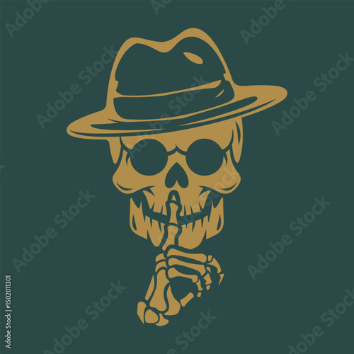 A stylized golden illustration of a skeleton wearing a fedora and sunglasses