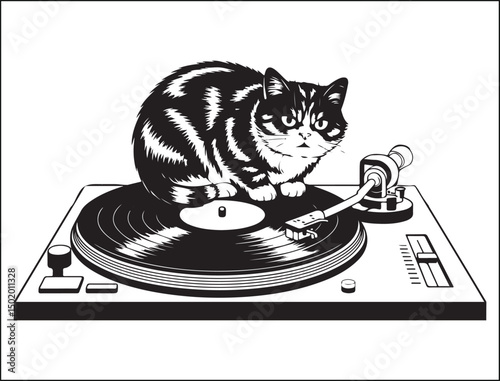 Cool Cat Sitting on a Vintage Turntable