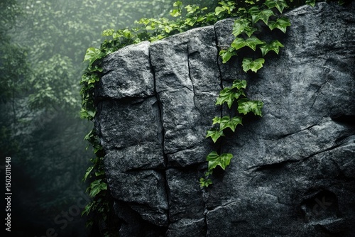 A rugged stone face covered in vibrant green ivy, with a hazy forest backdrop offering a natural touch.