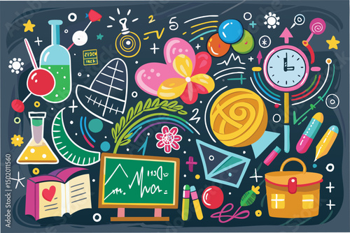 Creative vector illustration of science elements featuring formulas, laboratory equipment, and symbols representing various scientific disciplines and discoveries