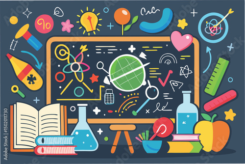 Creative vector illustration of science elements featuring formulas, laboratory equipment, and symbols representing various scientific disciplines and discoveries