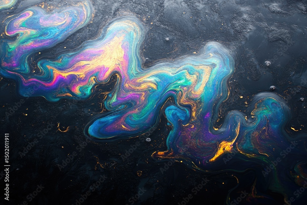 Obraz premium Iridescent streaks swirl across a dark, wet surface, creating a mesmerizing, abstract pattern of colors and shimmering reflections.