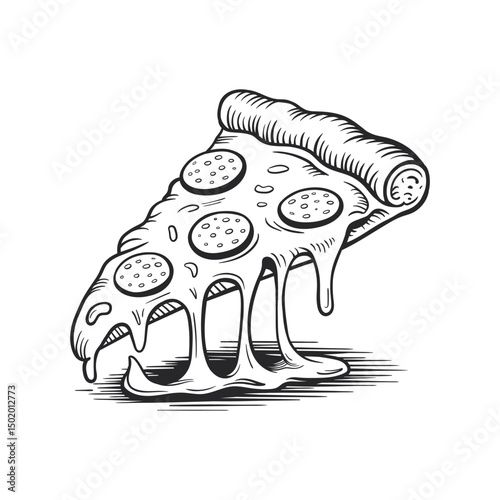 A black and white line art of a hot pizza slice
