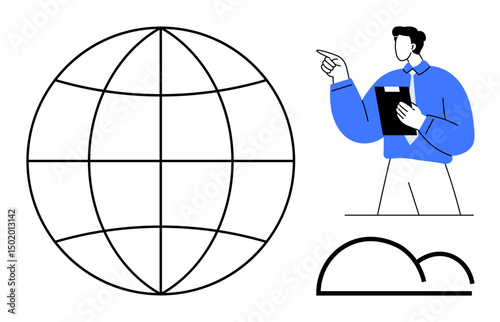 Professional holding clipboard, pointing at globe visualization beside digital cloud. Ideal for global communication, internet, networking, analysis, collaboration, technology progress, flat simple