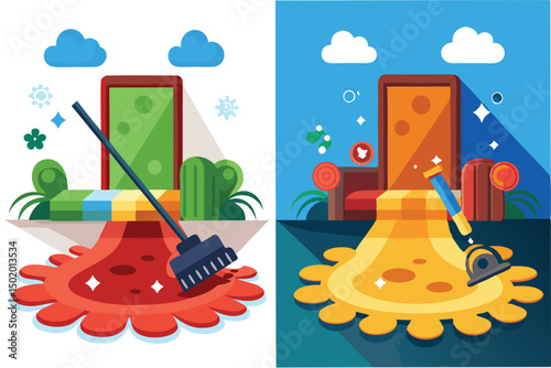 Colorful vector illustration of cheerful cleaning characters with brooms, promoting cleanliness and fun activities indoors