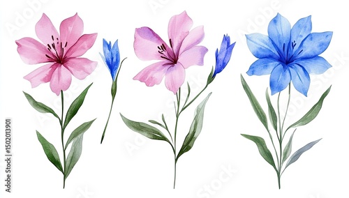 Three floral stems of pink, blue, & violet with green stems, watercolor aesthetic