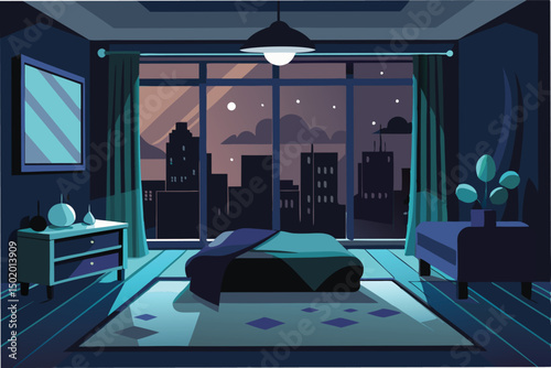 Modern bedroom interior design depicting a cozy atmosphere with city skyline view at night under soft lighting