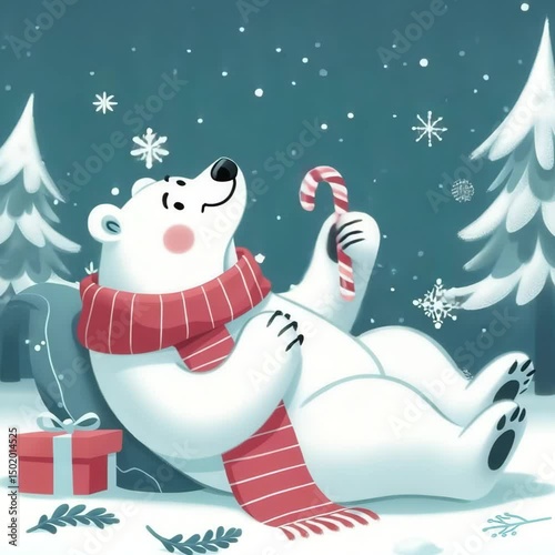 Cartoon White Polar Bear with Red Scarf Lying Down Holding Lollipop – Playful Cute Animation
