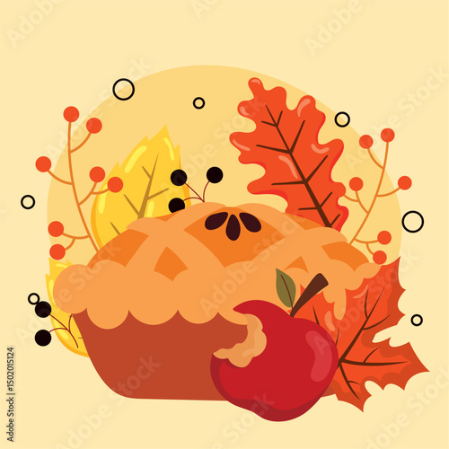 Apple pie with autumn leaves. Vector