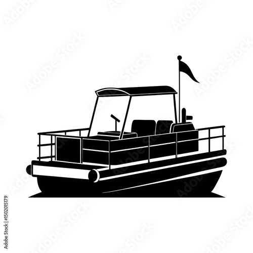 Classic Pontoon Boat Black Vector Silhouette