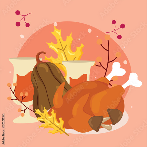 Roasted turkey with drinks. Vector