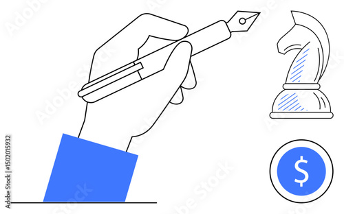 Hand holding a fountain pen, chess knight symbolizing strategy, and coin representing finance. Ideal for business, planning, creativity, investment, strategy, goal setting decision-making flat