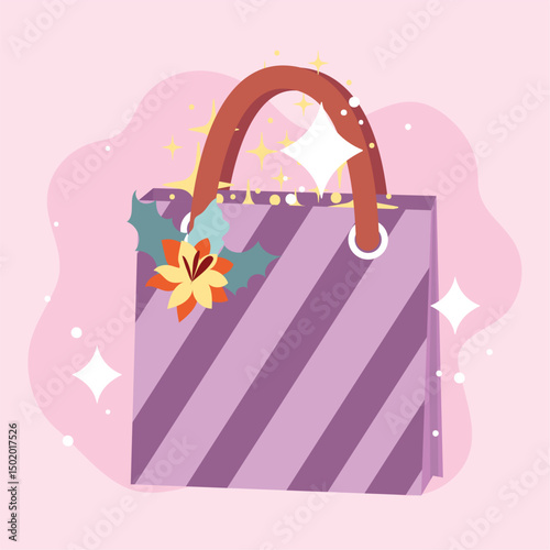 Striped festive gift bag. Vector