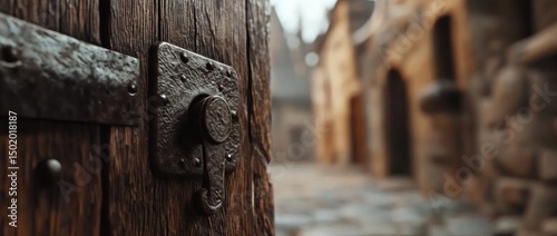 Ancient Wooden Door Latch, Medieval Town in the Background