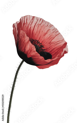 A vibrant single red poppy with delicate, translucent petals and a dark center