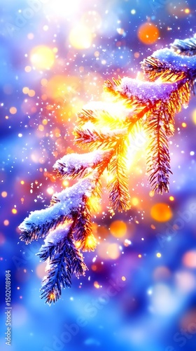 Snow-covered evergreen branch glows with warm light amidst a bokeh of colorful, sparkling lights and falling snow