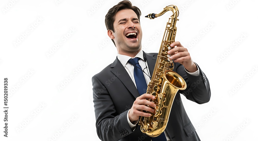 Naklejka premium Joyful Musician Playing Saxophone in Suit on Isolated Background Performance Arts Concept