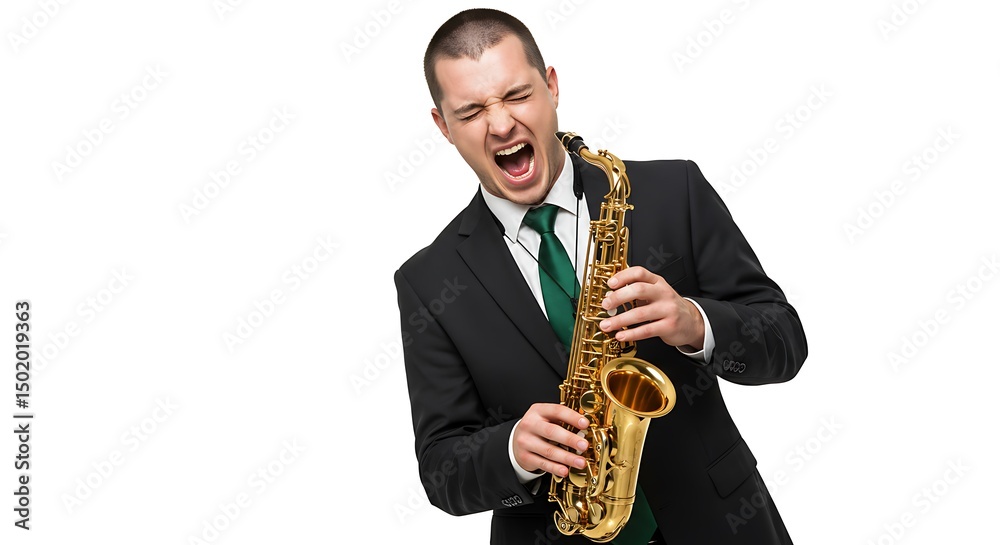 Naklejka premium Passionate Saxophone Performance A Musician Lost in the Sound Isolated on White Background
