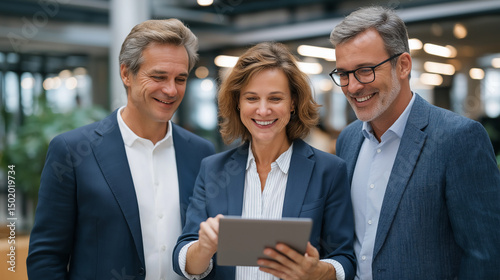 Business Team Collaborating with Digital Tablet in Modern Office photo