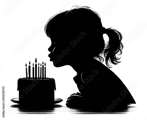Black and white silhouette of a little girl blowing out candles on her birthday cake on a white isolated background. Vector graphics. EPS.