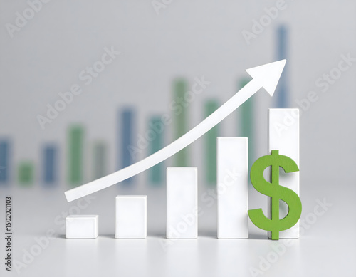 Minimalistic representation of positive economic development of the overall economy, a company, or an investment in the form of an upward-pointing bar chart (white) and an upward-pointing arrow.