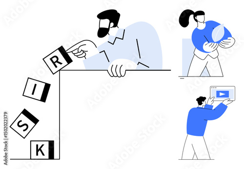 Person arranging blocks labeled risk, woman holding a plant for sustainability, viewer engaging with video. Ideal for teamwork, risk management, sustainability, education, collaboration, leadership