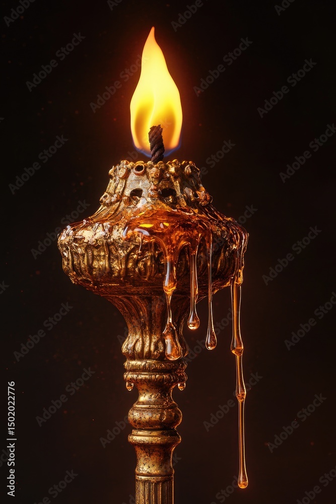 Fototapeta premium Ornate torch with melted wax dripping, illuminated by a bright, flickering flame