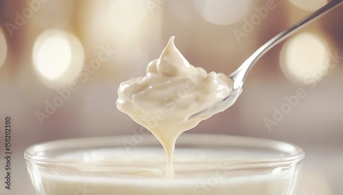 Spoonful of Creamy Delicacy, Gourmet Dessert, Rich Texture, Luxurious Indulgence, Smooth and Silky, Elegant Presentation, Creamy White, Food Photography, Close-up Shot, Delicious Treat, Sweet Delight