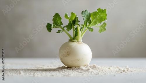 A Single White Turnip on Flour, Minimalist Still Life Photography