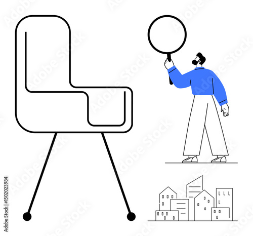 Oversized chair, man holding magnifying glass examining details, minimalist buildings. Ideal for design critique, furniture review, urban planning, creativity, focus, scale simple landing page