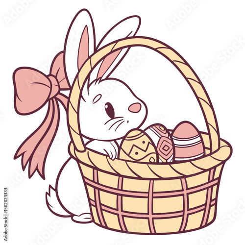 Charming Easter Bunny Peeking Out From a Wicker Basket Illustration