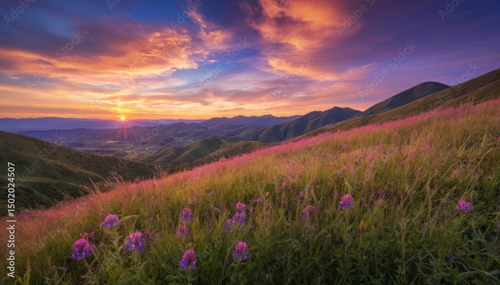Fototapeta premium A scenic mountain landscape features a vibrant sunset and sunrise painting the sky with hues over hills and valleys