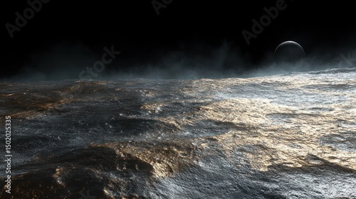 Alien planet surface, golden waves, celestial bodies