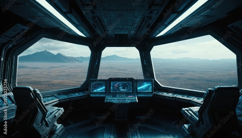 Fototapeta premium An airplane's light-filled interior and cockpit offer a unique view, unlike a car's dashboard on a highway journey