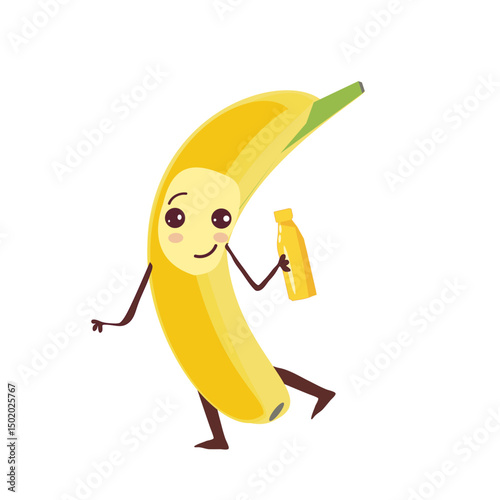 Cute Banana cartoon character with bottle of banana juice,yellow fruit ,Funny mascot of banana with happy smile vector illustration isolated on transparent background
