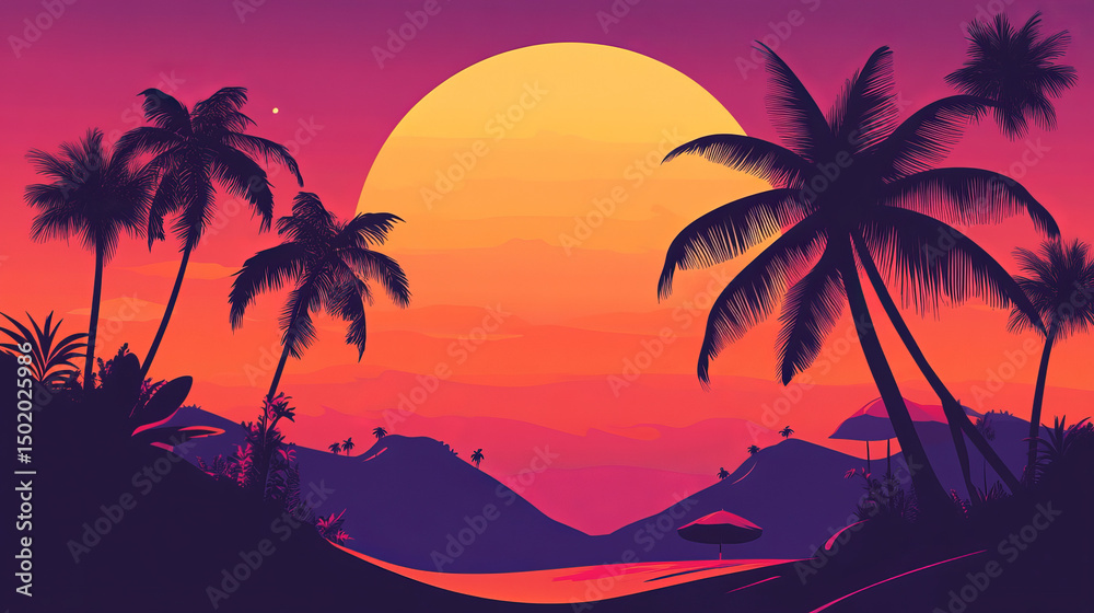 Fototapeta premium A tropical sunset featuring umbrellas and palm trees
