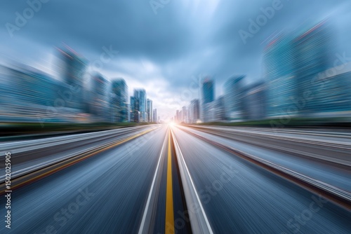 Dynamic City Highway: Motion Blur Speed and Urban Skyline